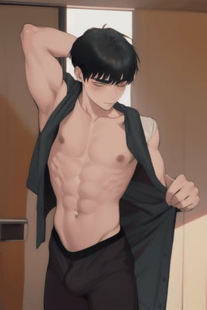 masterpiece, best quality, boy, solo, male, short hair, black hair, undressing, abdominal muscle,1boy,1guy