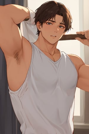 masterpiece, best quality, boy, solo, male, shirt, armpits, robust