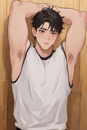 masterpiece, best quality, boy, solo, male, shirt, armpits, robust