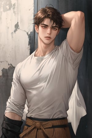 masterpiece, best quality, boy, solo, male, shirt, arm_support, robust