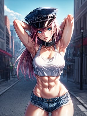 masterpiece, ultra high quality cg, best quality, perfect image, 1girl, poison (sf), peaked cap, collar, white crop top, denim shorts, toned body, blue sky, city street, arms behind head