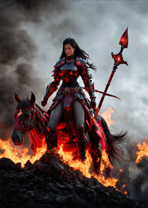 In a dramatic pose, Lü Bu, the most feared warrior of the Three Kingdoms, reimagined as a voluptuous and unstoppable female fighter. Her armor is crafted from shining red and black metal, designed to accentuate her large chest and powerful, curvaceous legs. The armor is minimal, allowing her full figure to be on display, yet it glows with an intimidating red light. In her hands, she wields a massive halberd, ((Fangtian Huaji)), which crackles with dark energy. Her long, dark hair flows wildly behind her, and her fierce eyes shine with an unmatched lust for battle. She stands atop a towering warhorse, surrounded by the smoke and fire of a destroyed battlefield, her body radiating the aura of an unstoppable warrior, feared by all who face her. Enhanced all, Movie special effects grade style.