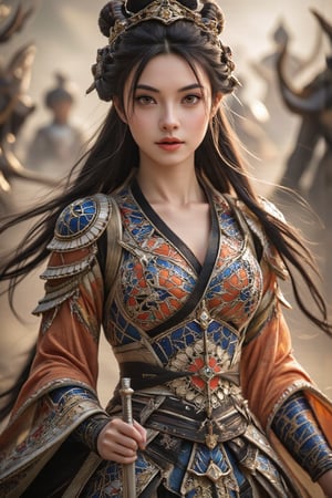 Paint a highly detailed, dramatic image of Diao Chan, the legendary beauty from ancient China's "The Romance of the Three Kingdoms." In the picture, Diao Chan shows not only her elegance and beauty, but also her heroic posture in battle. She is as beautiful as a fairy, with delicate facial features and flawless skin like porcelain. Her long black hair flutters gently in the wind, and her bun is decorated with exquisite hairpins. Diao Chan wears a gorgeous and traditional Chinese battle armor, which is inlaid with exquisite patterns of gold and crimson, which not only highlights her feminine charm, but also reflects her strength and agility on the battlefield. Her eyes are sharp and determined, revealing her inner strength and determination. Diao Chan held a slender sword in her hand. The hilt was inlaid with jade and precious gems. The blade was slightly curved and exquisitely designed, suitable for quick and precise attacks. The background depicts a battlefield. Diao Chan stands in the center of the battlefield, with dust and gravel flying around her. Her posture is confident and majestic, exuding a dynamic and awe-inspiring aura. The overall image perfectly captures Diao Chan's legendary beauty and her prowess on the battlefield, making her a both charming and unignorable heroine in Chinese history. (RAW Photo, Best Quality), (Real, Photo Real: 1.1), Best Quality, Masterpiece, Beauty and Aesthetics, 16K, (HDR: 1.2), High Contrast, (Vivid Colors: 1.3) , (soft colors, dull colors, soothing tones: 1.2), cinematic lighting, ambient light, side lighting, fine details and textures, cinematic lenses, warm colors, (bright and intense: 1.1), wide angle lenses, surreal illustrations, Siena's natural proportions, dynamic posture, precise anatomy of body and hands, four fingers and a thumb, ,(masterpiece:1.3), (8k, photorealistic, RAW photo, best quality: 1.4), (1girl), beautiful face, (realistic face), beautiful hairstyle, realistic eyes, beautiful detailed eyes, (realistic skin), beautiful skin, clean skin, ultra high res, ultra realistic, hightly detailed, golden ratio, K_GIRL,wonder beauty,Wukong