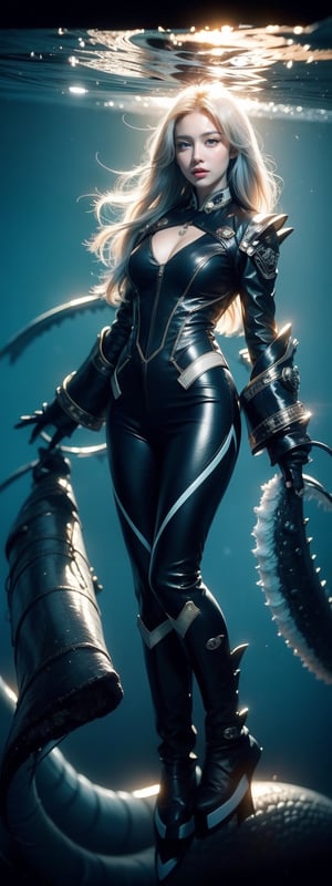 1girl, Kana, dressed in a dark, skin-tight combat suit, stands ready on a decrepit submarine deck. Her suit is lined with futuristic armor on the shoulders and forearms, built for deep-sea combat. The fabric looks wet and rugged, suited for underwater conditions, with subtle reflections of deep-sea light. In the background, the ocean is an abyss of dark blue and black, and the faint, massive shape of a sea monster lurks just out of clear sight. The comic style employs rough line work, stark contrasts between light and dark, and a foreboding atmosphere, emphasizing Kana's small yet determined figure against the vast, dangerous ocean.(RAW Photo, Best Quality), (Real, Photo Real: 1.1), Best Quality, Masterpiece, Beauty and Aesthetics, 16K, (HDR: 1.2), High Contrast, (Vivid Colors: 1.3) , (soft colors, dull colors, soothing tones: 1.2), cinematic lighting, ambient light, side lighting, fine details and textures, cinematic lenses, warm colors, (bright and intense: 1.1), wide angle lenses, surreal illustrations, Siena's natural proportions, silver hair, dynamic posture, precise anatomy of body and hands, four fingers and a thumb,idol,Korean