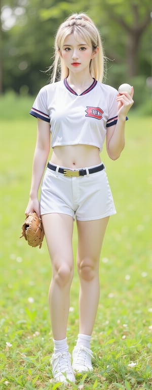 Best quality, masterpiece, ultra high res, (photorealistic:1.5), raw photo, (Masterpiece, Top Quality, Best Quality, Official Art, Beauty and Aesthetics: 1.2), A blonde-haired girl standing outdoors in full body view, wearing a baseball uniform consisting of a crop top and short white shorts, with her navel and midriff exposed. She is holding a baseball mitt in one hand, with a ball in the other, looking directly at the viewer. The background is a grassy field with a slightly blurry effect, enhancing focus on the girl. She is wearing white sneakers and a belt around her shorts. The scene mimics a fake sports screenshot, with a sunny outdoor setting.,Eroflo,meidusha,1girl, KOLNB,forehead mark, high contrast, (grayscale:-1.5)