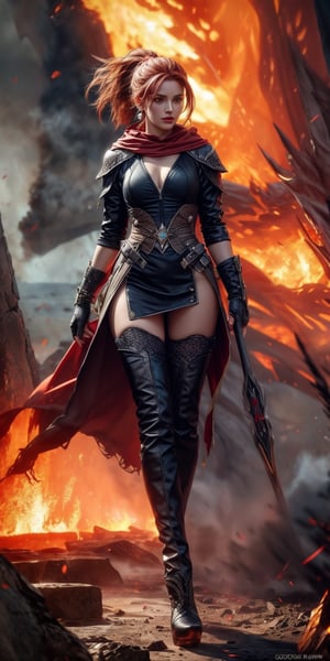 8k RAW photo, best quality, masterpiece. Correct anatomy with photorealistic (1.4) details.
a stunning RPG game beauty, solo, long hair, brown eyes, jewelry, closed mouth, earrings, gloves, holding, full body, ponytail, red hair, fingerless gloves, yellow Sleeve rope, thighhighs, gloves, boots, hood, cape, high heels, thigh boots, fire, weapon jewelry staff, Apply spells to monsters, explosive spells, massive fire ball,girl