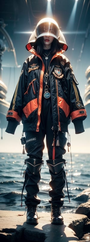 1girl, A highly realistic, dark-toned illustration of Kana, a female warrior, wearing a form-fitting, high-tech combat suit designed for deep-sea exploration. The suit is dark navy and black, with armored shoulders and arms to protect her in the extreme ocean environment. The fabric is textured to look waterproof and thermal, suited for cold and wet conditions. Kana stands on the deck of a rusted submarine, surrounded by deep shadows. Behind her looms the vast, dark ocean, and faint, eerie outlines of a massive sea creature can be seen in the background. The mood is tense, with a foreboding sense of danger. The style features heavy shading and high contrast, emphasizing the mystery of the deep sea. (RAW Photo, Best Quality), (Real, Photo Real: 1.1), Best Quality, Masterpiece, Beauty and Aesthetics, 16K, (HDR: 1.2), High Contrast, (Vivid Colors: 1.3) , (soft colors, dull colors, soothing tones: 1.2), cinematic lighting, ambient light, side lighting, fine details and textures, cinematic lenses, warm colors, (bright and intense: 1.1), wide angle lenses, surreal illustrations, Siena's natural proportions, silver hair, dynamic posture, precise anatomy of body and hands, four fingers and a thumb,idol,Korean