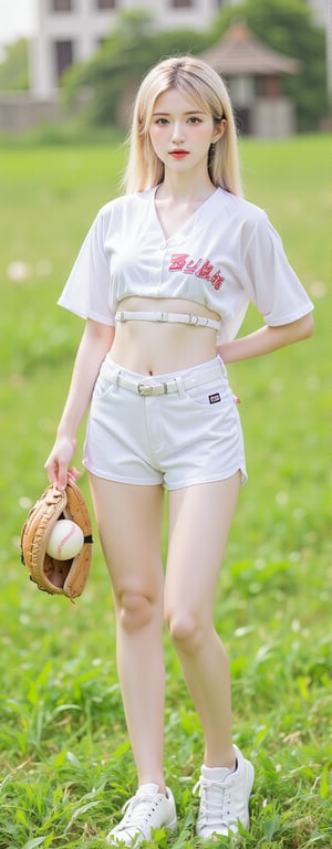 Best quality, masterpiece, ultra high res, (photorealistic:1.5), raw photo, (Masterpiece, Top Quality, Best Quality, Official Art, Beauty and Aesthetics: 1.2), A blonde-haired girl standing outdoors in full body view, wearing a baseball uniform consisting of a crop top and short white shorts, with her navel and midriff exposed. She is holding a baseball mitt in one hand, with a ball in the other, looking directly at the viewer. The background is a grassy field with a slightly blurry effect, enhancing focus on the girl. She is wearing white sneakers and a belt around her shorts. The scene mimics a fake sports screenshot, with a sunny outdoor setting.,Eroflo,meidusha,1girl, KOLNB,forehead mark, high contrast, (grayscale:-1.5)