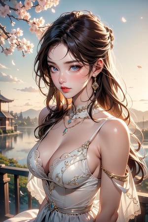 1girl, solo, long hair, breasts, looking at viewer, smile, brown hair, dress, cleavage, bare shoulders, jewelry, medium breasts, outdoors, sky, necklace, white dress, blurry, lips, see-through, petals, cherry blossoms, broom, (flying, realistic, broom riding), sidesaddle,

In the image, a young woman is depicted in a whimsical scene. She is seated on a broomstick, suggesting a playful or fantastical element, perhaps inspired by fairy tale motifs. Her attire is a white dress with lace detailing, which adds to the ethereal quality of the scene. The background features a landscape that appears to be at dusk or dawn, with the sun low on the horizon, casting a warm glow. The presence of cherry blossoms indicates a setting in a region where these trees are prevalent, possibly Japan. The overall composition suggests a blend of fantasy and natural beauty, with the woman's pose and expression conveying a sense of joy and freedom. (RAW Photo, Best Quality), (Real, Photo Real: 1.1), Best Quality, Masterpiece, Beauty and Aesthetics, 16K, (HDR: 1.2), High Contrast, (Vivid Colors: 1.3) , (soft colors, dull colors, soothing tones: 1.2), cinematic lighting, ambient light, side lighting, fine details and textures, cinematic lenses, warm colors, (bright and intense: 1.1), wide angle lenses, surreal illustrations, Siena's natural proportions, dynamic posture, precise anatomy of body and hands, four fingers and a thumb,lusanna