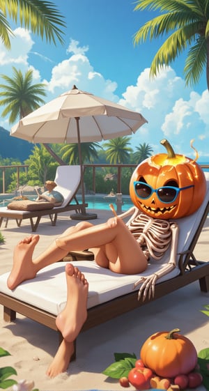 Award-winning illustration of a Halloween pumpkin sprite with a glowing pumpkin head and skeletal body, relaxing on a beach lounge chair under the sun. The pumpkin sprite wears blue sunglasses, enjoying the sunlight with a relaxed expression. Ultra-high-resolution, highly detailed, with realistic shading and textures. The background features tropical palm trees swaying gently in the breeze, soft sand, and a clear blue sky.