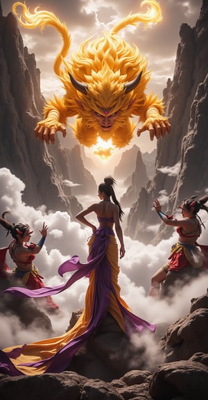 Ultra high res photorealistic masterpiece: A majestic scene unfolds as Sun Wukong, with his radiant golden fur glistening in the low-key lighting, clashes fiercely against the Bull Demon King. Princess Iron Fan elegantly stands at the forefront, her flowing purple and gold robe draping perfectly across her curves as she observes the battle with a serene gaze. Surrounding her are female demons engaged in an animated conversation about the intense fight. The dark, rugged mountains and turbulent clouds in the background amplify the mythic grandeur of this epic showdown.