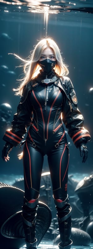 1girl, A highly realistic, dark-toned illustration of Kana, a female warrior, wearing a form-fitting, high-tech combat suit designed for deep-sea exploration. The suit is dark navy and black, with armored shoulders and arms to protect her in the extreme ocean environment. The fabric is textured to look waterproof and thermal, suited for cold and wet conditions. Kana stands on the deck of a rusted submarine, surrounded by deep shadows. Behind her looms the vast, dark ocean, and faint, eerie outlines of a massive sea creature can be seen in the background. The mood is tense, with a foreboding sense of danger. The style features heavy shading and high contrast, emphasizing the mystery of the deep sea. (RAW Photo, Best Quality), (Real, Photo Real: 1.1), Best Quality, Masterpiece, Beauty and Aesthetics, 16K, (HDR: 1.2), High Contrast, (Vivid Colors: 1.3) , (soft colors, dull colors, soothing tones: 1.2), cinematic lighting, ambient light, side lighting, fine details and textures, cinematic lenses, warm colors, (bright and intense: 1.1), wide angle lenses, surreal illustrations, Siena's natural proportions, silver hair, dynamic posture, precise anatomy of body and hands, four fingers and a thumb,idol,Korean