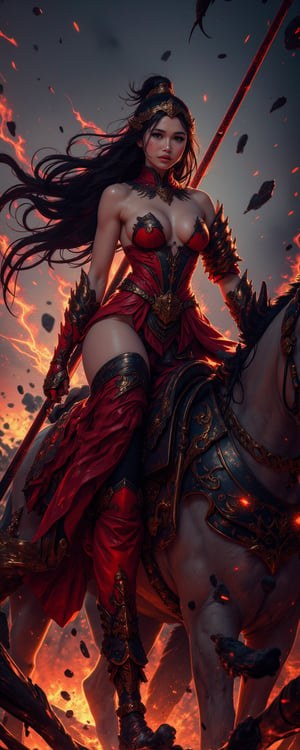 In a dramatic pose, Lü Bu, the most feared warrior of the Three Kingdoms, reimagined as a voluptuous and unstoppable female fighter. Her armor is crafted from shining red and black metal, designed to accentuate her large chest and powerful, curvaceous legs. The armor is minimal, allowing her full figure to be on display, yet it glows with an intimidating red light. In her hands, she wields a massive halberd, ((Fangtian Huaji)), which crackles with dark energy. Her long, dark hair flows wildly behind her, and her fierce eyes shine with an unmatched lust for battle. She stands atop a towering warhorse, surrounded by the smoke and fire of a destroyed battlefield, her body radiating the aura of an unstoppable warrior, feared by all who face her. Enhanced all, Movie special effects grade style.