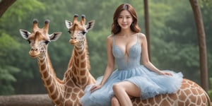 A breathtakingly beautiful photograph of Taiwanese idol-inspired most beauty GIRL. ((A stunning full-body shot captures her captivating gaze as she tenderly Cross-sit riding a giraffe cub.)) Her luscious brown locks frame her smiling face with closed lips and piercing brown eyes, set against a zoo park background that adds to the intimate atmosphere. The Canon 50D camera and 100mm lens used in this ultra-detailed illustration (photo-realistic) masterpiece showcase her alluring huge breast and deep cleavage and perfect long feet in light blue tulle dress with confident pose, as she riding on it. Her mesmerizing features shine through, making this full-body shot a standout on ArtStation, exuding unparalleled beauty and aesthetics from Taiwan. depth of field, wide view, raytraced, full length body, good hand details ,short hair