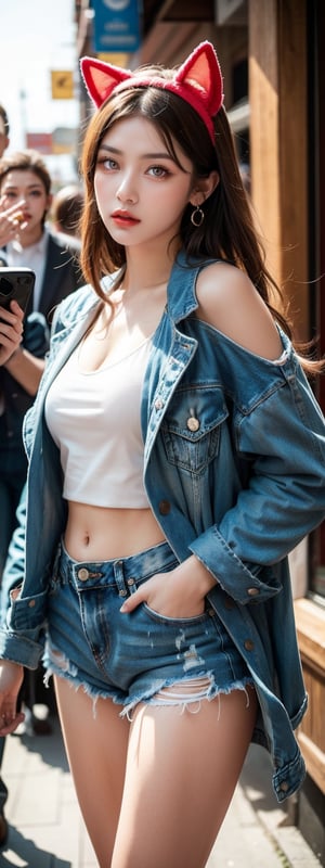 1girl, long hair, breasts, looking at viewer, smile, bangs, blue eyes, brown hair, animal ears, cleavage, bare shoulders, jewelry, medium breasts, standing, jacket, cowboy shot, earrings, outdoors, open clothes, shorts, solo focus, cat ears, medium hair, off shoulder, blurry, open jacket, lips, short shorts, buttons, blurry background, fake animal ears, thigh gap, denim, blue jacket, hands in pockets, midriff peek, crowd, denim jacket, The image is a digital artwork that captures the essence of a festive street scene, possibly during a winter celebration. The central figure is a stylized representation of a woman with anime-like features, which includes large eyes and detailed hair. Her attire suggests a fashionable choice for a cold environment, with the addition of cat ears indicating a playful or themed outfit. The background is bustling with activity, hinting at a popular public space, while the decorative lights add to the celebratory atmosphere. The overall impression is one of vibrancy and enjoyment. (RAW Photo, Best Quality), (Real, Photo Real: 1.1), Best Quality, Masterpiece, Beauty and Aesthetics, 16K, (HDR: 1.2), High Contrast, (Vivid Colors: 1.3) , (soft colors, dull colors, soothing tones: 1.2), cinematic lighting, ambient light, side lighting, fine details and textures, cinematic lenses, warm colors, (bright and intense: 1.1), wide angle lenses, surreal illustrations, Siena's natural proportions, dynamic posture, precise anatomy of body and hands, four fingers and a thumb,