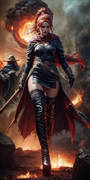 8k RAW photo, best quality, masterpiece. Correct anatomy with photorealistic (1.4) details.
a stunning RPG game beauty, solo, long hair, brown eyes, jewelry, closed mouth, earrings, gloves, holding, full body, ponytail, red hair, fingerless gloves, yellow Sleeve rope, thighhighs, gloves, boots, hood, cape, high heels, thigh boots, fire, weapon jewelry staff, Apply spells to monsters, explosive spells, massive fire ball,girl