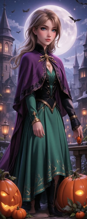 Anna from Frozen is dressed in a Halloween-inspired version of her iconic outfit. Her green dress features delicate spider webs, and black bat designs flutter along the skirt’s edges. Her cloak has transformed into a dark purple and black cape, with shimmering golden pumpkin lantern embroidery. Her brooch is now a glowing pumpkin, casting a soft orange light. The scene takes place under a full moon on Halloween night, with bats flying around and the castle glowing in purple and orange lights. Anna stands at the edge of a misty forest filled with orange lanterns. Beside her, Olaf is in a full pumpkin costume, with his body sculpted like a jack-o’-lantern, complete with a small pumpkin hat. Enhanced all, idol,Korean, Movie special effects grade style. Fantasy detailers,fantasy girl,Konami Art Style illustration  