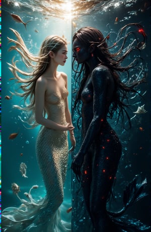 A stunning symmetrical composition split down the middle, on the left side a radiant and beautiful mermaid, her golden scales shining under soft lighting, gentle ocean waves around her, on the right side a dark and twisted monstrous mermaid, with black scales, glowing red eyes, dark water, and jagged features, both sides perfectly mirrored, photorealistic, fantasy realism, octane render, high contrast lighting, detailed textures, surreal and captivating, cinematic, underwater environment,anime style