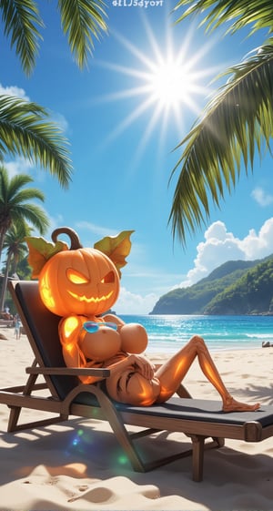 Award-winning illustration of a Halloween pumpkin sprite with a glowing pumpkin head and skeletal body, relaxing on a beach lounge chair under the sun. The pumpkin sprite wears blue sunglasses, enjoying the sunlight with a relaxed expression. Ultra-high-resolution, highly detailed, with realistic shading and textures. The background features tropical palm trees swaying gently in the breeze, soft sand, and a clear blue sky.