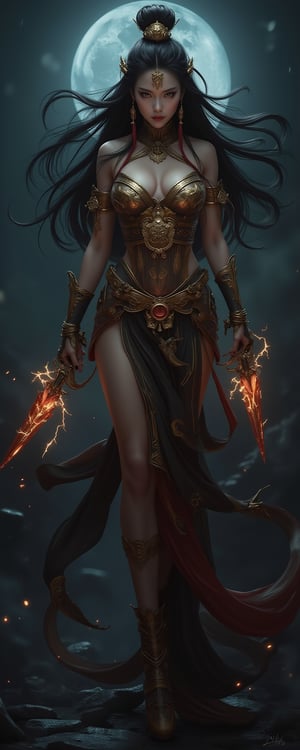  In a dramatic pose, Diao Chan, the legendary beauty and one of the Four Great Beauties of ancient China, reimagined as a voluptuous female assassin. Her minimal armor is made of shimmering silk and gold, covering just enough to accentuate her ample curves while leaving her slender waist and long legs exposed. Her long, flowing hair is a cascade of black silk, and her eyes are as captivating as they are deadly. In her hands, she holds a pair of glowing daggers, their blades crackling with deadly precision. She moves gracefully through a moonlit garden, her voluptuous form blending with the shadows as she prepares to strike down her target. Her beauty is both a weapon and a shield, drawing in her enemies only to strike when they least expect it, making her the perfect blend of seduction and lethal skill. Enhanced all, Movie special effects grade style.