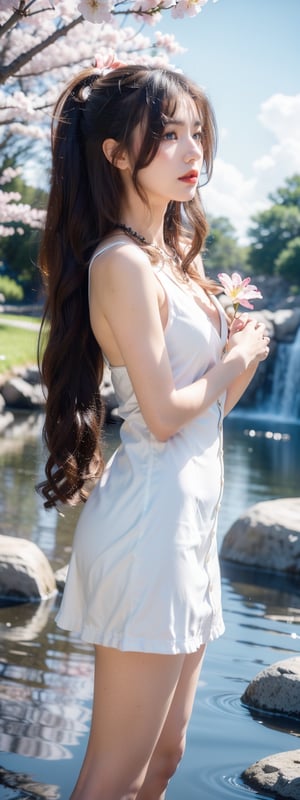 1girl, solo, long hair, brown hair, hair ornament, jewelry, flower, hair flower, water, necklace, petals, night, moon, cherry blossoms, partially submerged, waterfall, aerith gainsborough


a female character with long blonde hair, wearing a white v-neck garment. She is positioned in a body of water that reflects the pink cherry blossoms and the blue sky with clouds. The setting appears to be an otherworldly or fantasy environment, with a waterfall and rocks in the background. The presence of cherry blossoms and the serene atmosphere suggest a theme of tranquility and natural beauty. (RAW Photo, Best Quality), (Real, Photo Real: 1.1), Best Quality, Masterpiece, Beauty and Aesthetics, 16K, (HDR: 1.2), High Contrast, (Vivid Colors: 1.3) , (soft colors, dull colors, soothing tones: 1.2), cinematic lighting, ambient light, side lighting, fine details and textures, cinematic lenses, warm colors, (bright and intense: 1.1), wide angle lenses, surreal illustrations, Siena's natural proportions, dynamic posture, precise anatomy of body and hands, four fingers and a thumb,