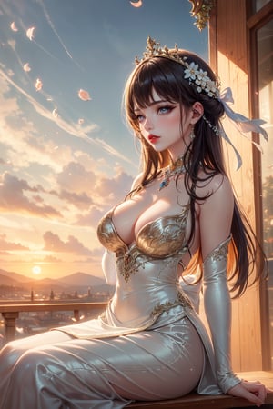 1girl, solo, long hair, breasts, looking at viewer, smile, brown hair, dress, cleavage, bare shoulders, jewelry, medium breasts, outdoors, sky, necklace, white dress, blurry, lips, see-through, petals, cherry blossoms, broom, (flying, realistic, broom riding), sidesaddle,

In the image, a young woman is depicted in a whimsical scene. She is seated on a broomstick, suggesting a playful or fantastical element, perhaps inspired by fairy tale motifs. Her attire is a white dress with lace detailing, which adds to the ethereal quality of the scene. The background features a landscape that appears to be at dusk or dawn, with the sun low on the horizon, casting a warm glow. The presence of cherry blossoms indicates a setting in a region where these trees are prevalent, possibly Japan. The overall composition suggests a blend of fantasy and natural beauty, with the woman's pose and expression conveying a sense of joy and freedom. (RAW Photo, Best Quality), (Real, Photo Real: 1.1), Best Quality, Masterpiece, Beauty and Aesthetics, 16K, (HDR: 1.2), High Contrast, (Vivid Colors: 1.3) , (soft colors, dull colors, soothing tones: 1.2), cinematic lighting, ambient light, side lighting, fine details and textures, cinematic lenses, warm colors, (bright and intense: 1.1), wide angle lenses, surreal illustrations, Siena's natural proportions, dynamic posture, precise anatomy of body and hands, four fingers and a thumb,lusanna