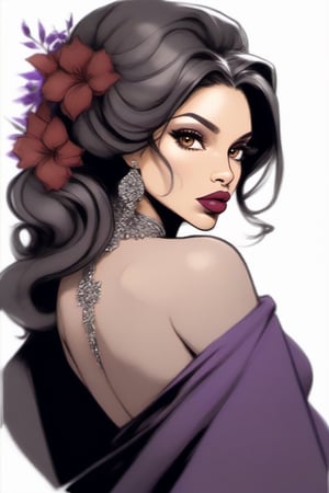 a sketch of a beautiful woman in a dress colored mauve, bending back a bit her hair swirled with sketched leaves and flowers all in black and white. The only color is her purple dress and pouty red lips. She has high cheekbones and her eyes are hooded, background painted yellow, brush strokes visible.
