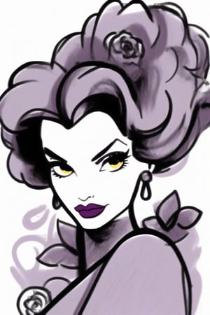 a sketch of a beautiful woman in a dress colored mauve, bending back a bit her hair swirled with sketched leaves and flowers all in black and white. The only color is her purple dress and pouty red lips. She has high cheekbones and her eyes are hooded, background painted yellow, brush strokes visible.,pppstyle