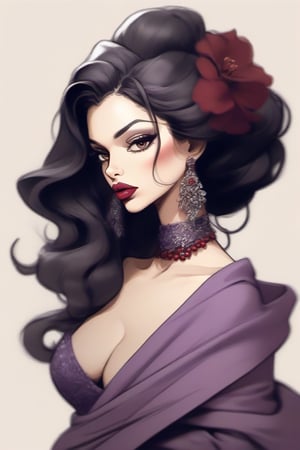 a sketch of a beautiful woman in a dress colored mauve, bending back a bit her hair swirled with sketched leaves and flowers all in black and white. The only color is her purple dress and pouty red lips. She has high cheekbones and her eyes are hooded, background painted yellow, brush strokes visible.
