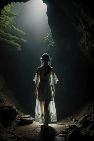 Soft light coming to a cave, HD, realistic skin, photorealism, glowing_forest_elf_girl, beautiful_embroided_dress