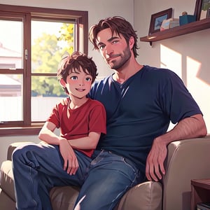 masterpiece, best quility, high_quality, high_resolution, masterpiece*portrait, a father and a son, watching television, very happy faces 