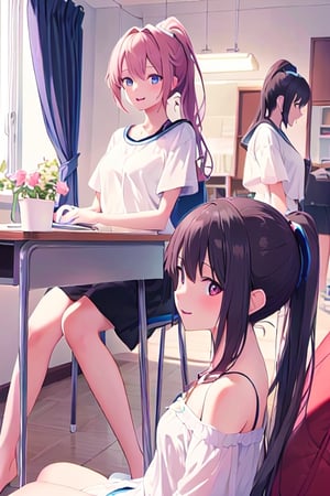 Absurd resolution, high resolution, (masterpiece: 1.4), super detailed, (((detailed face, detailed expression)), two girls, girl and girl, friends, best friends, classmates, relax, ponytail, bob, sitting on bed, sitting on the floor, two are talking, background is in the room, friends, best friend, home, 1K, small room, curtains, bed, TV, desk, sweets, Talk about travel with friends, gathering, fun, smile, room wear, Kyoto animation, Kyoto animation atmosphere, glitter, brilliance,