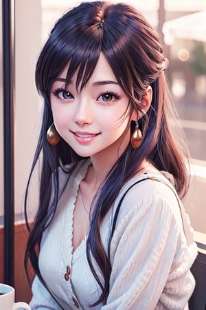 there is a woman, anime girl in real life, realistic young anime girl, portrait of cute anime girl, cute natural anime face, kawaii realistic portrait, realistic anime 3 d style, cute kawaii girl, attractive anime girl, photorealistic anime, mysterious coffee shop girl, young anime girl, cute anime girl, anime girl with long hair, smiling