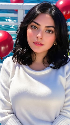 1girl, solo, looking at viewer, short hair, blue eyes, brown hair, black hair, collarbones, parted lips, water, lips, white sweater, sunlight, bubbles, underwater, ((small bubbles)), red balloons