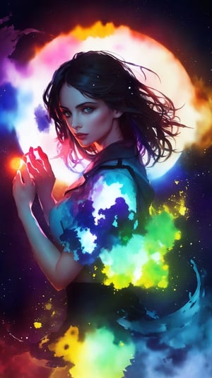 A woman with her hands holding a glowing light in her hands, ethereal, on a white background, with watercolor splatter, an interplay of pastel hues and rainbow colors, with a double exposure effect, golden rays emanating from the center, a soft glow, a mysterious aura, ethereally beautiful, with soft edges, delicate details, a celestial energy radiance, whimsical, a surreal atmosphere, dreamy, with watercolor splashes in the style of Yoji Shinkawa and colorful pastel tones in the style of Greg Rutkowski, with detailed light effects, dreamy and ethereal, with delicate brushstrokes, high quality, high resolution, high detail