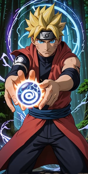 "Generate an image of Sasuke Uchiha from the popular anime series 'Naruto' using his signature jutsu, the 'Rasengan.' Naruto stands with determination, his blond hair flowing, and his bright blue eyes focused. He holds his palm out, surrounded by swirling chakra that forms the Chidori Ball Energy Lightning, a spiraling sphere of energy. The scene is set against a backdrop of a lush forest, with leaves rustling in the wind as Naruto's power radiates through the air. Capture the essence of Naruto's spirit and determination as he unleashes his formidable ninja abilities."s4suk3,