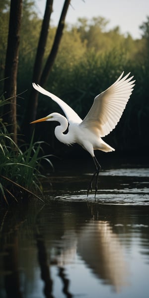 (Documentary photograph:1.3) of a white heron, standing in the shallow waters of a swamp, as he takes flight, outdoors, ultra realistic, games of shadows, vintage aesthetics, (photorealistic:1.3), front view, well-lit, (shot on Hasselblad 500CM:1.4), (wide shot1.3), Fujicolor Pro film, in the style of Helmut Newton, (photorealistic:1.3), highest quality, detailed and intricate, original shot,