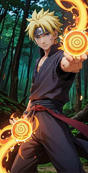 "Generate an image of Sasuke Uchiha from the popular anime series 'Naruto' using his signature jutsu, the 'Rasengan.' Naruto stands with determination, his blond hair flowing, and his bright blue eyes focused. He holds his palm out, surrounded by swirling chakra that forms the Chidori Ball Energy Lightning, a spiraling sphere of energy. The scene is set against a backdrop of a lush forest, with leaves rustling in the wind as Naruto's power radiates through the air. Capture the essence of Naruto's spirit and determination as he unleashes his formidable ninja abilities."s4suk3,