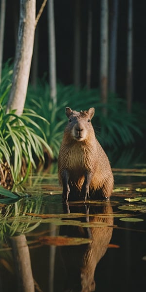 (Documentary photograph:1.3) of a capibara, standing in the shallow waters of a swamp, outdoors, ultra realistic, games of shadows, vintage aesthetics, (photorealistic:1.3), front view, well-lit, (shot on Hasselblad 500CM:1.4), (closeup shot1.3), Fujicolor Pro film, in the style of Helmut Newton, (photorealistic:1.3), highest quality, detailed and intricate, original shot,