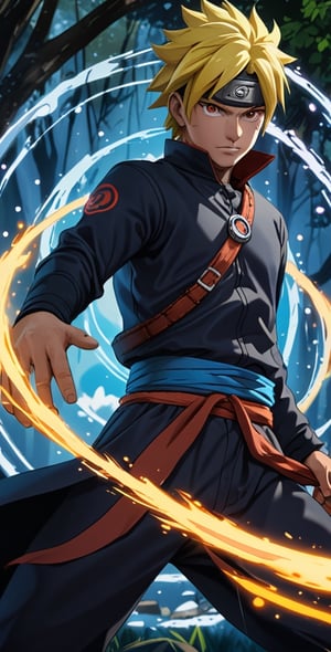 "Generate an image of Sasuke Uchiha from the popular anime series 'Naruto' using his signature jutsu, the 'Rasengan.' Naruto stands with determination, his blond hair flowing, and his bright blue eyes focused. He holds his palm out, surrounded by swirling chakra that forms the Chidori Ball Energy Lightning, a spiraling sphere of energy. The scene is set against a backdrop of a lush forest, with leaves rustling in the wind as Naruto's power radiates through the air. Capture the essence of Naruto's spirit and determination as he unleashes his formidable ninja abilities."s4suk3,