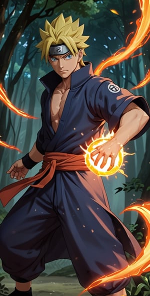 "Generate an image of Sasuke Uchiha from the popular anime series 'Naruto' using his signature jutsu, the 'Rasengan.' Naruto stands with determination, his blond hair flowing, and his bright blue eyes focused. He holds his palm out, surrounded by swirling chakra that forms the Chidori Ball Energy Lightning, a spiraling sphere of energy. The scene is set against a backdrop of a lush forest, with leaves rustling in the wind as Naruto's power radiates through the air. Capture the essence of Naruto's spirit and determination as he unleashes his formidable ninja abilities."s4suk3,