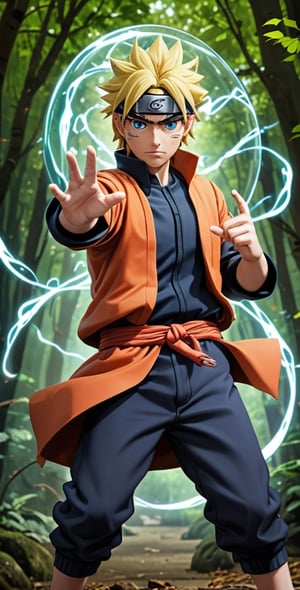 "Generate an image of Sasuke Uchiha from the popular anime series 'Naruto' using his signature jutsu, the 'Rasengan.' Naruto stands with determination, his blond hair flowing, and his bright blue eyes focused. He holds his palm out, surrounded by swirling chakra that forms the Chidori Ball Energy Lightning, a spiraling sphere of energy. The scene is set against a backdrop of a lush forest, with leaves rustling in the wind as Naruto's power radiates through the air. Capture the essence of Naruto's spirit and determination as he unleashes his formidable ninja abilities."s4suk3,