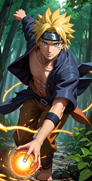 "Generate an image of Sasuke Uchiha from the popular anime series 'Naruto' using his signature jutsu, the 'Rasengan.' Naruto stands with determination, his blond hair flowing, and his bright blue eyes focused. He holds his palm out, surrounded by swirling chakra that forms the Chidori Ball Energy Lightning, a spiraling sphere of energy. The scene is set against a backdrop of a lush forest, with leaves rustling in the wind as Naruto's power radiates through the air. Capture the essence of Naruto's spirit and determination as he unleashes his formidable ninja abilities."s4suk3,