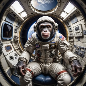 fisheye lens, chimpanse in astronaut suit sitting inside old apollo spaceship, masterpiece, 32k