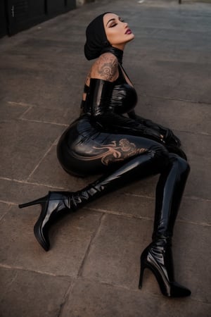 graceful:1.2, Intricate tattoos:1.3, Luxury latex hijab:1.2, Gothic witch, On the ground, open legs, High heels)