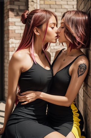 (RAW photo, best quality), (realistic, full body, photo-Realistic:1.1), best quality, masterpiece, ultra realistic illustration, siena natural ratio,	(urban fantasy theme:1.1),	(2girls, (right girl is mexican girl, tattoed arm, red hair, black dress), (left girl is latin, pink hair, yellow dress, kiss each other )), lesbian kissing, lesbian intimacy, pubic region tribadism , kissing, realistic, detail face, lips,bodysuit,lesbian,tribadism,1girl,