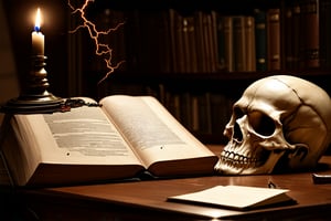 Library of a wizard, Desk with a open scroll. Candle on top of a skull, lightning up the scene. Candle dripping wax on skull.
Dark environment,more detail XL, 