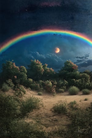 Oil painting by Larry Elmore of a rainbow in the dark. It's going over a walled garden in the middle of the desert at night. There's a red moon in the background, which colors the sky in a dark red.,more detail XL