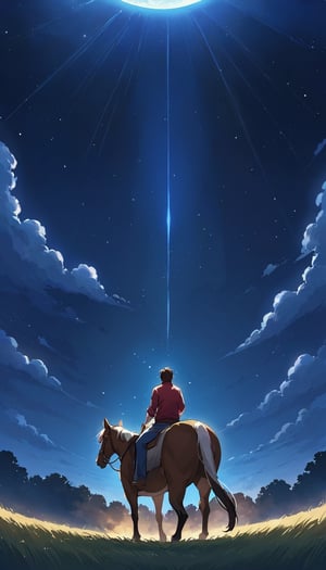 genera a un hombre en un campo acariciando un caballo es de noche 
junto ha su madre que esta tambien acariciando a otro caballo
en el fondo no hay un caballo en el cielo hay muchas estrellas 
