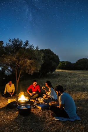 estan en el campo, hay solo 2 personas la chica y el hombre y estan comiendo unos panchoses de noche, en el cielo hay muchas estrellas,estan en una fogata observando las estrellas, y tambien estan  comiendo unos panchos acostados, al lado está la fogata